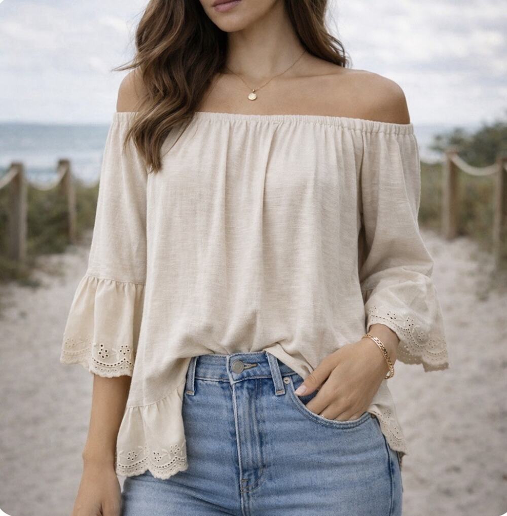 Sanctuary Sz M Juliette On Off shoulder Ruffle Bell Sleeve Linen Blend Blouse